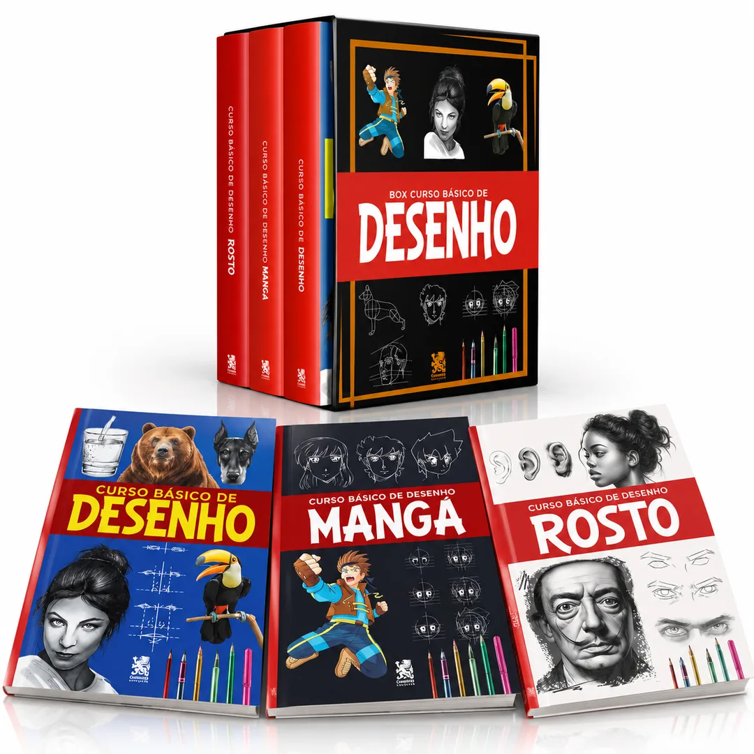 Box com os três livros do Curso Básico de Desenho