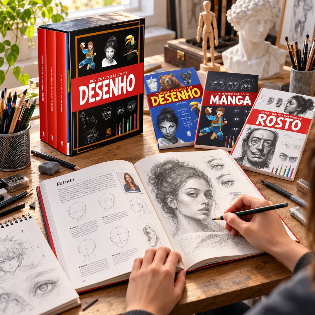 Pessoa desenhando um retrato com o livro aberto